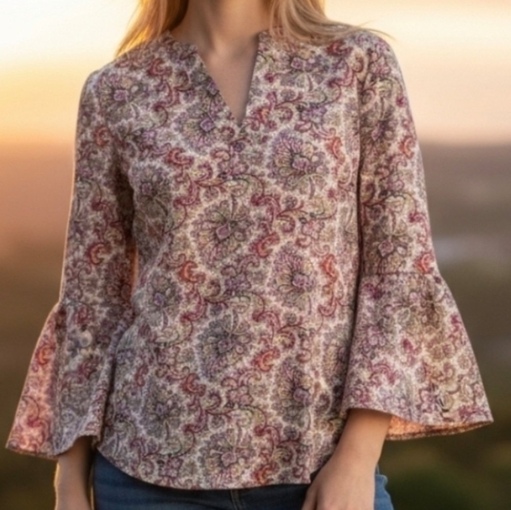 J. CREW | FLORAL PAISLEY SPLIT NECK BELL CROPPED SLEEVE BLOUSE